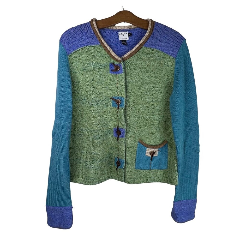 Clare Icelandic Design Cardigan Size Small Button Front Colorblock Cotton Blend